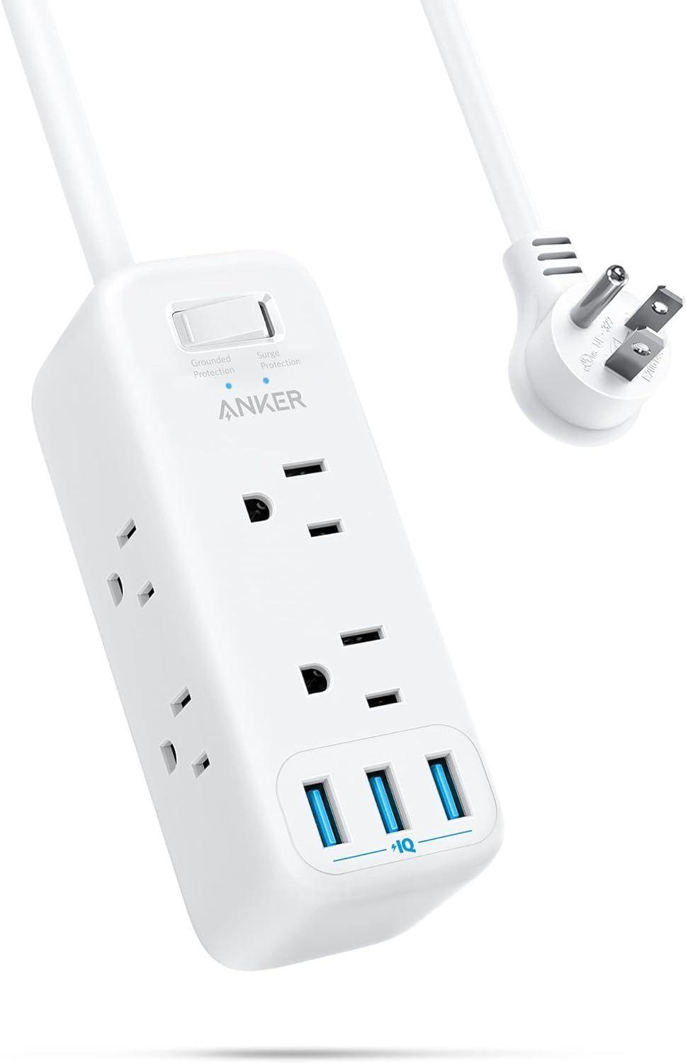 Anker  USB Power Strip Surge Protector (300J) 5ft Cord Flat Plug - White - Excellent