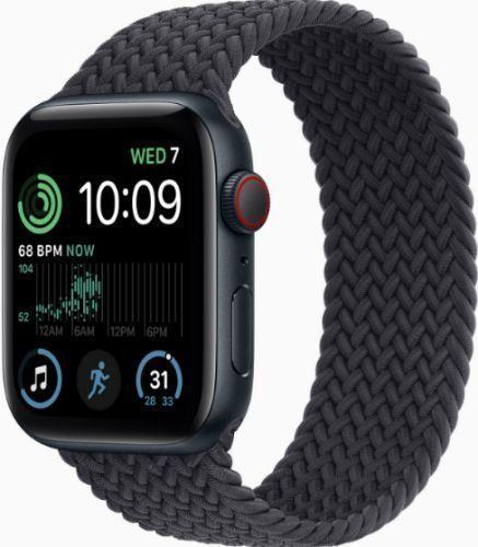 Apple Watch SE 2nd Gen (2022) (Cellular + GPS) - 32GB - 44mm - Midnight Aluminum Case with Midnight Rubber Braided Solo Loop Band - Medium/Large Size