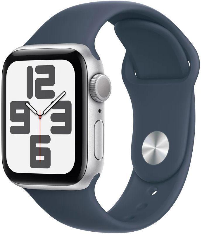 Apple Watch SE 2nd Gen (2022) (Cellular + GPS) - 32GB - 40mm - Silver Aluminum Case with Storm Blue Rubber Sport Band - Small/Medium Size
