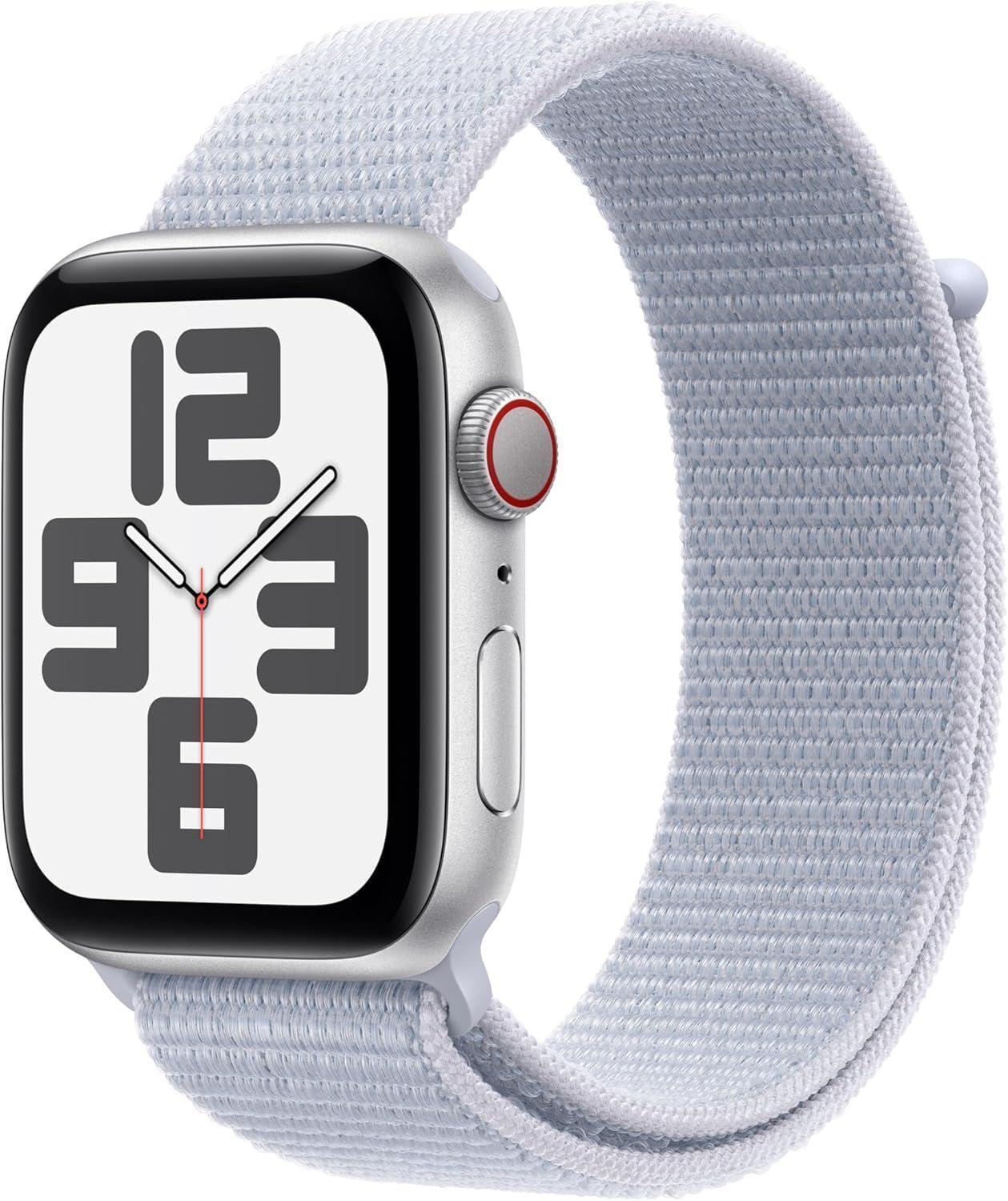 Apple Watch SE 2nd Gen (2022) (Cellular + GPS) - 32GB - 40mm - Silver Aluminum Case with Blue Cloud Textile Sport Loop Band - Small/Medium Size