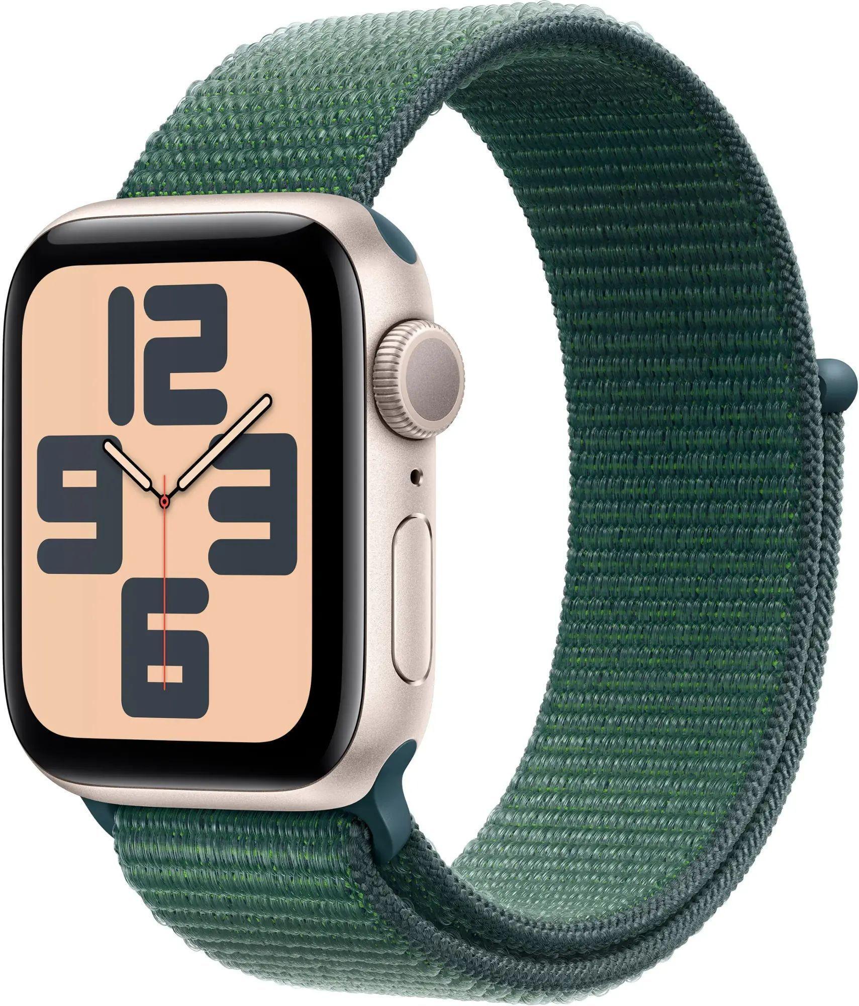 Apple Watch SE 2nd Gen (2022) (Cellular + GPS) - 32GB - 44mm - Starlight Aluminum Case with Lake Green Rubber Sport Loop Band - Medium/Large Size