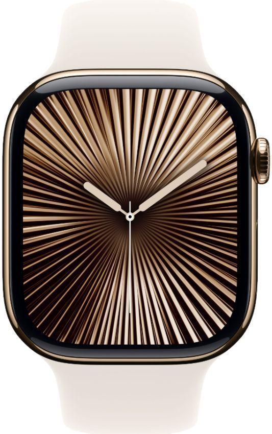 Apple Watch Series 10 (Cellular + GPS) - 64GB - 42mm - Gold Titanium Case with Starlight Rubber Sport Band - One Size