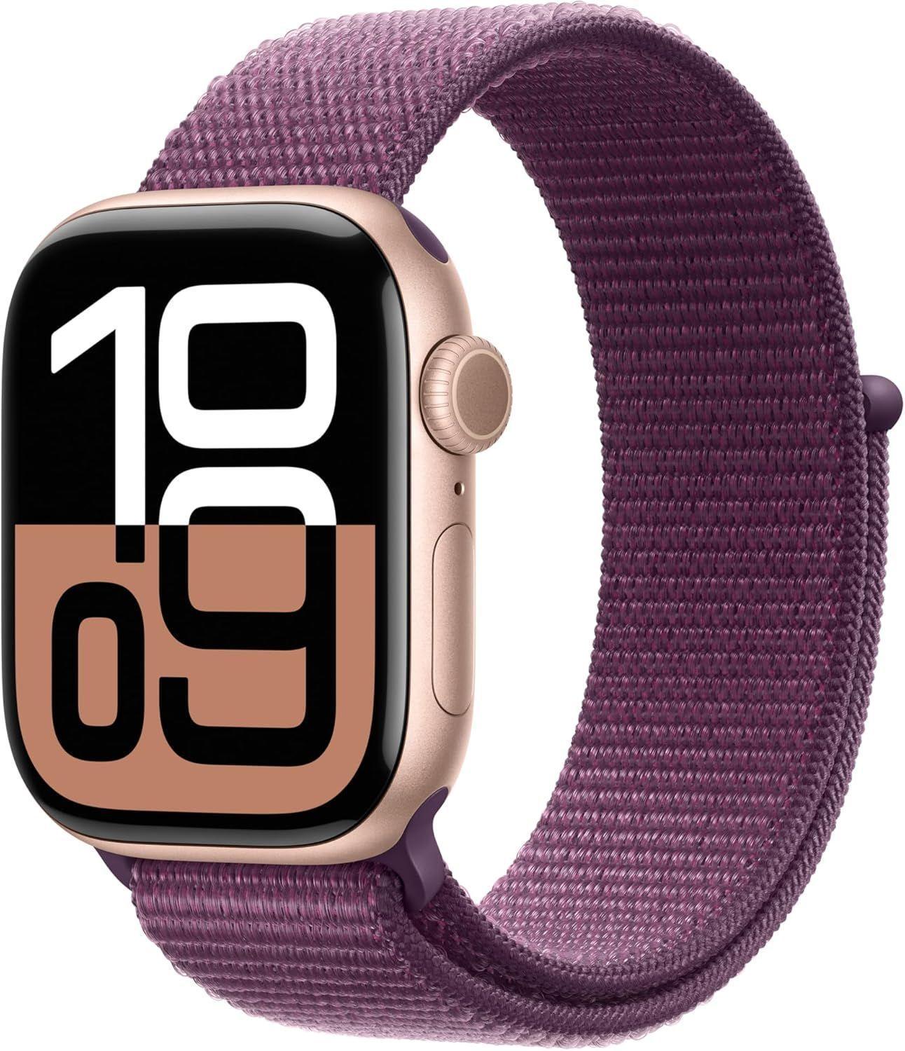 Apple Watch Series 10 (Cellular + GPS) - 64GB - 42mm - Rose Gold Aluminum Case with Plum Rubber Sport Loop Band - One Size
