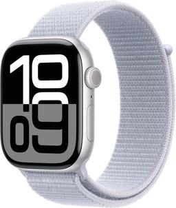 Apple Watch Series 10 (Cellular + GPS) - 64GB - 42mm - Silver Aluminum Case with Blue Cloud Textile Sport Loop Band - S/M Size