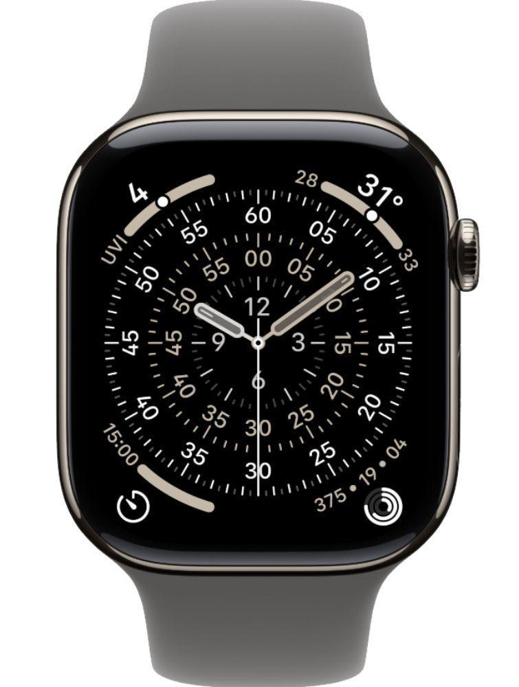 Apple Watch Series 11 (Cellular + GPS) - 64GB - 42mm - Natural Titanium Case with Stone Grey Silicone Sport Band - S/M Size