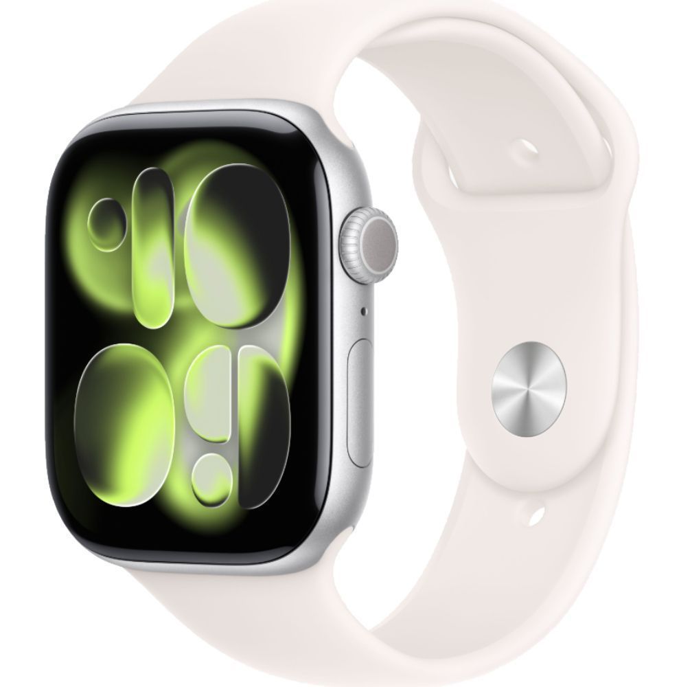 Apple Watch Series 11 (Cellular + GPS) - 64GB - 46mm - Silver Aluminum Case with Light Blush Silicone Sport Band - S/M Size