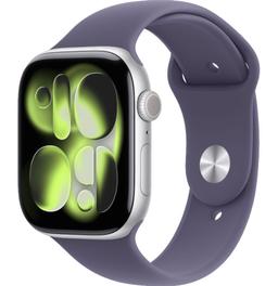 Apple Watch Series 11 (Cellular + GPS) - 64GB - 42mm - Silver Aluminum Case with Purple Fog Silicone Sport Band - S/M Size
