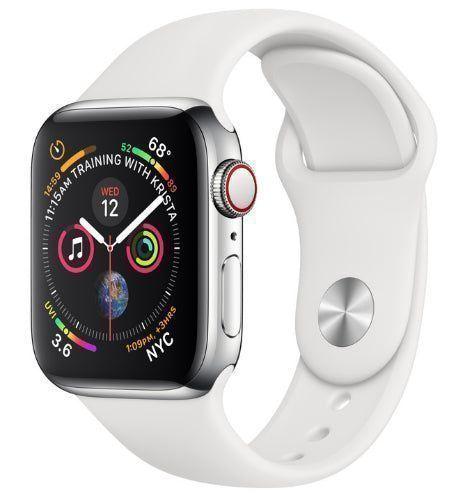 Apple Watch Series 4 (Cellular + GPS) - 16GB - 44mm - Silver Stainless Steel Case with White Rubber Sport Band