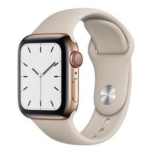 Apple Watch Series 5 (Cellular + GPS) - 32GB - 44mm - Gold Stainless Steel Case with Stone Rubber Sport Band