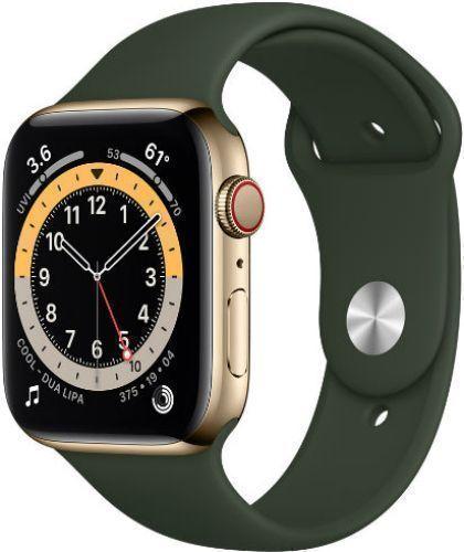 Apple Watch Series 6 (Cellular + GPS) - 32GB - 40mm - Gold Stainless Steel Case with Cyprus Green Rubber Sport Band