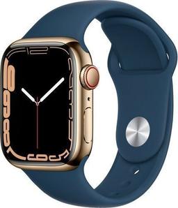 Apple Watch Series 7 (Cellular + GPS) - 32GB - 41mm - Gold Stainless Steel Case with Abyss Blue Rubber Sport Band
