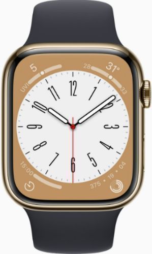 Apple Watch Series 8 (Cellular + GPS) - 32GB - 41mm - Gold Stainless Steel Case with Midnight Rubber Sport Band