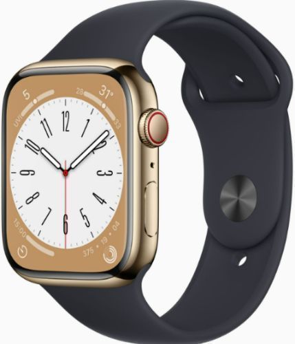 Apple Watch Series 8 (Cellular + GPS) - 32GB - 41mm - Gold Stainless Steel Case with Midnight Rubber Sport Band