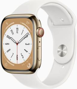 Apple Watch Series 8 (Cellular + GPS) - 32GB - 41mm - Gold Stainless Steel Case with White Rubber Sport Band