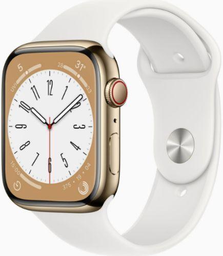 Apple Watch Series 8 (Cellular + GPS) - 32GB - 41mm - Gold Stainless Steel Case with White Rubber Sport Band