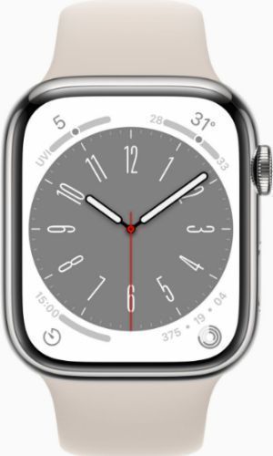 Apple Watch Series 8 (Cellular + GPS) - 32GB - 45mm - Silver Stainless Steel Case with Starlight Rubber Sport Band