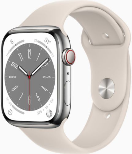 Apple Watch Series 8 (Cellular + GPS) - 32GB - 45mm - Silver Stainless Steel Case with Starlight Rubber Sport Band