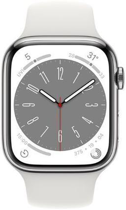 Apple Watch Series 8 (Cellular + GPS) - 32GB - 45mm - Silver Stainless Steel Case with White Rubber Sport Band