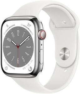 Apple Watch Series 8 (Cellular + GPS) - 32GB - 45mm - Silver Stainless Steel Case with White Rubber Sport Band