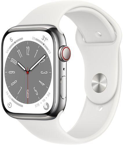 Apple Watch Series 8 (Cellular + GPS) - 32GB - 45mm - Silver Stainless Steel Case with White Rubber Sport Band