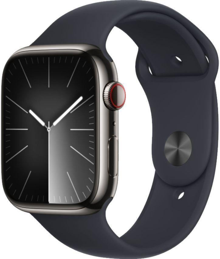 Apple Watch Series 9 (Cellular + GPS) - 64GB - 41mm - Graphite Stainless Steel Case with Midnight Rubber Sport Band - Small/Medium Size