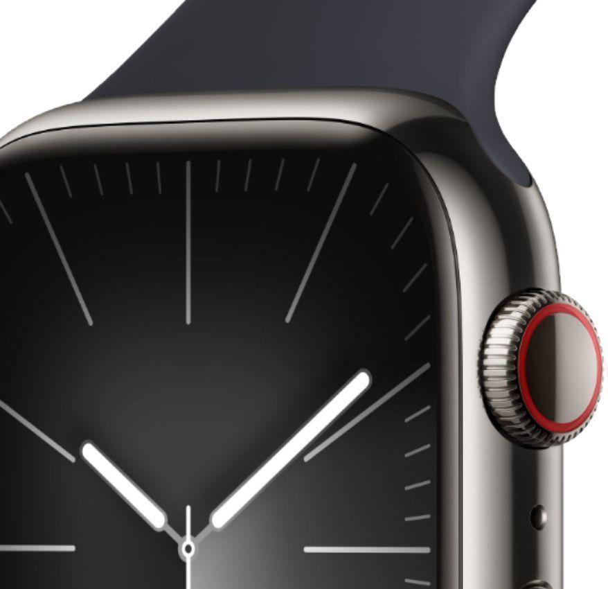 Apple Watch Series 9 (Cellular + GPS) - 64GB - 41mm - Graphite Stainless Steel Case with Midnight Rubber Sport Band - Small/Medium Size