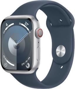 Apple Watch Series 9 (Cellular + GPS) - 64GB - 41mm - Silver Aluminum Case with Storm Blue Rubber Sport Band - Small/Medium Size