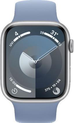 Apple Watch Series 9 (GPS) - 64GB - 45mm - Silver Aluminum Case with Winter Blue Rubber Solo Loop Band - Small/Medium Size