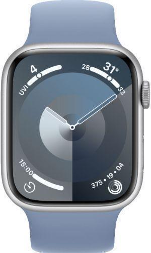 Apple Watch Series 9 (GPS) - 64GB - 45mm - Silver Aluminum Case with Winter Blue Rubber Solo Loop Band - Small/Medium Size