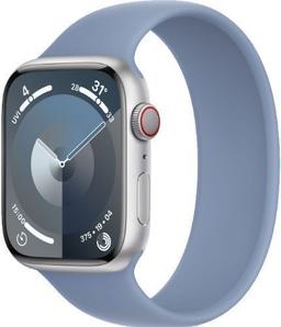 Apple Watch Series 9 (GPS) - 64GB - 45mm - Silver Aluminum Case with Winter Blue Rubber Solo Loop Band - Small/Medium Size