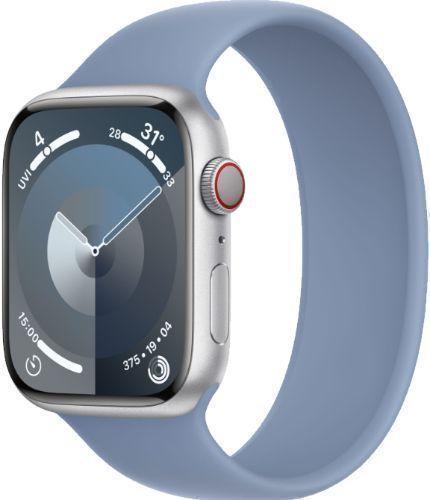 Apple Watch Series 9 (GPS) - 64GB - 45mm - Silver Aluminum Case with Winter Blue Rubber Solo Loop Band - Small/Medium Size