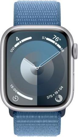 Apple Watch Series 9 (Cellular + GPS) - 64GB - 41mm - Silver Aluminum Case with Winter Blue Textile Sport Loop - Small/Medium Size