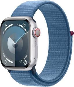 Apple Watch Series 9 (Cellular + GPS) - 64GB - 41mm - Silver Aluminum Case with Winter Blue Textile Sport Loop - Small/Medium Size