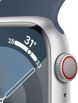 Apple Watch Series 9 (Cellular + GPS) - 64GB - 45mm - Silver Stainless Steel Case with Storm Blue Rubber Sport Band - Medium/Large Size