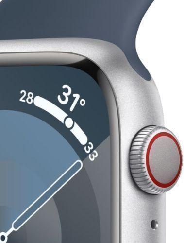 Apple Watch Series 9 (Cellular + GPS) - 64GB - 45mm - Silver Stainless Steel Case with Storm Blue Rubber Sport Band - Medium/Large Size