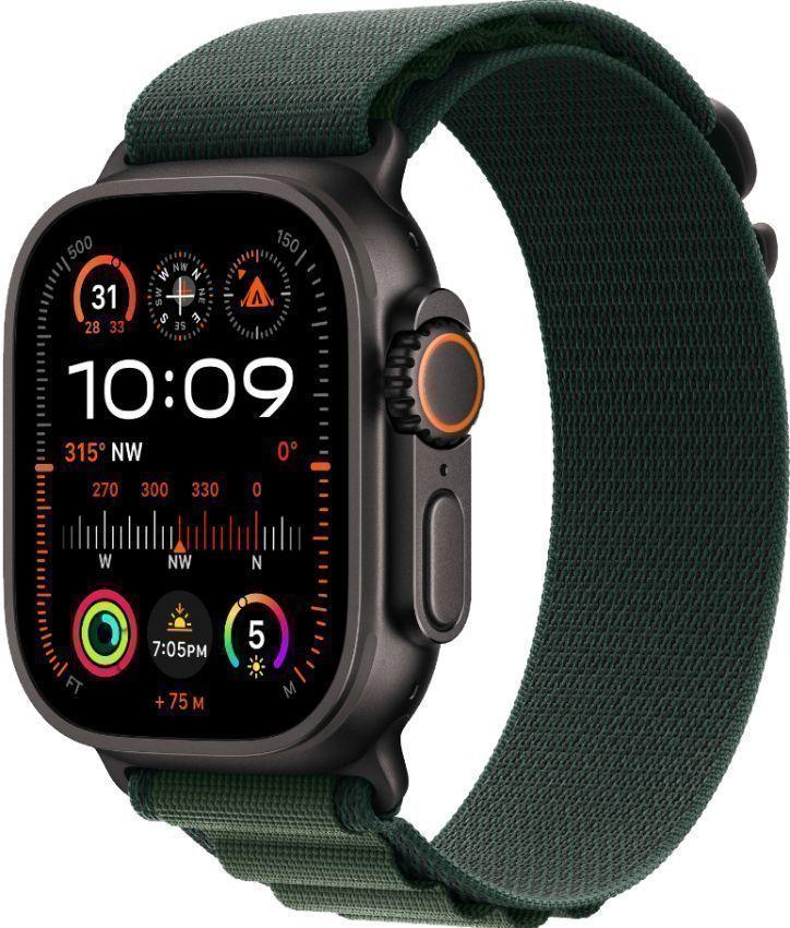 Apple Watch Ultra 2 (Cellular + GPS) - 64GB - 49mm - Black Titanium Case with Dark Green Rubber Alpine Loop Band - One Size
