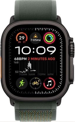 Apple Watch Ultra 2 (Cellular + GPS) - 64GB - 49mm - Black Titanium Case with Green Textile Alpine Loop Band - Medium Size