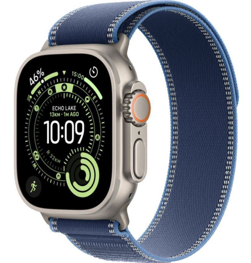 Apple Watch Ultra 3 - 64GB - 49mm - Natural Titanium Case with Blue/Bright Blue Nylon Weave Trail Loop Band - S/M Size