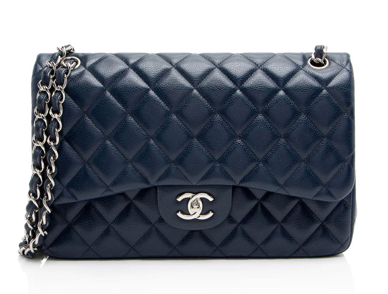 Chanel Caviar Leather Classic Jumbo Double Flap Bag - Leather - Blue