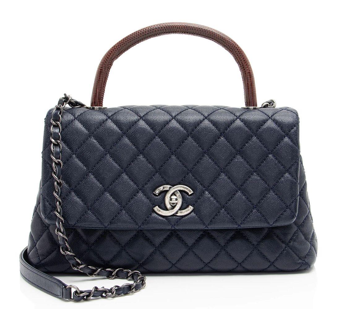 Chanel Caviar Leather Lizard Coco Small Top Handle - Leather - Blue/Brown