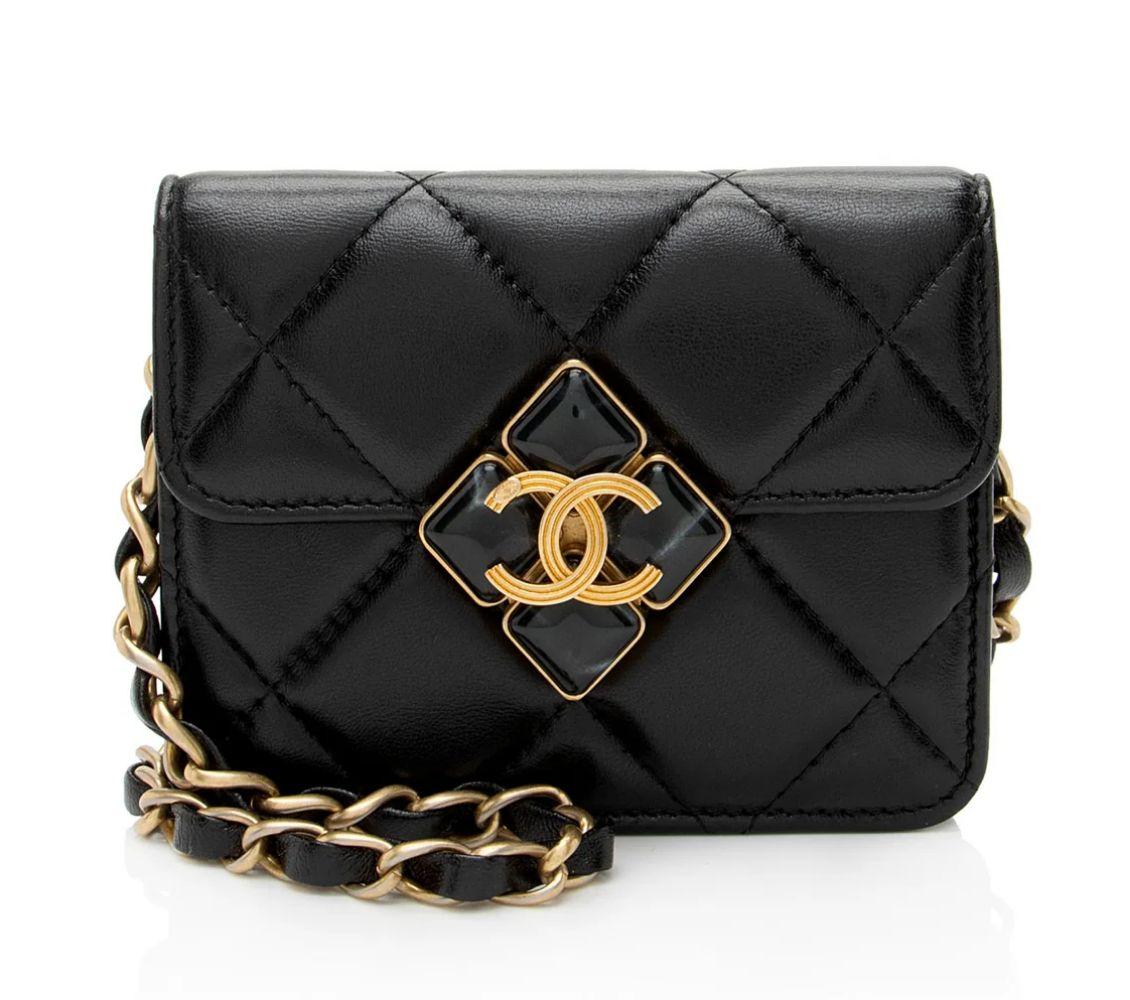 Chanel Lambskin Diamond Lock Card Holder on Chain - Lambskin - Black