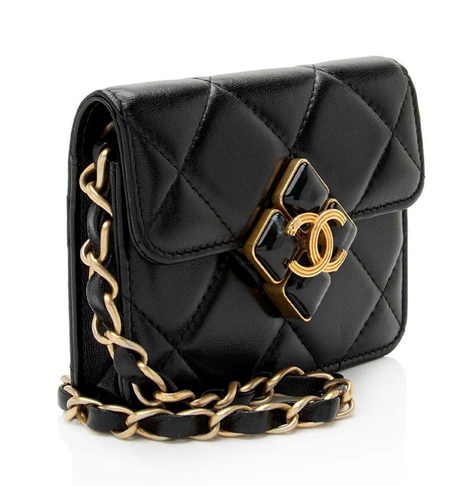 Chanel Lambskin Diamond Lock Card Holder on Chain - Lambskin - Black