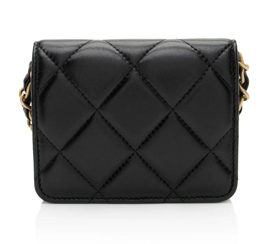 Chanel Lambskin Diamond Lock Card Holder on Chain - Lambskin - Black