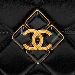Chanel Lambskin Diamond Lock Card Holder on Chain - Lambskin - Black