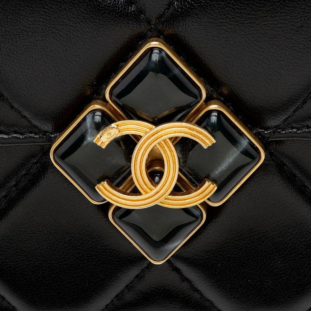 Chanel Lambskin Diamond Lock Card Holder on Chain - Lambskin - Black