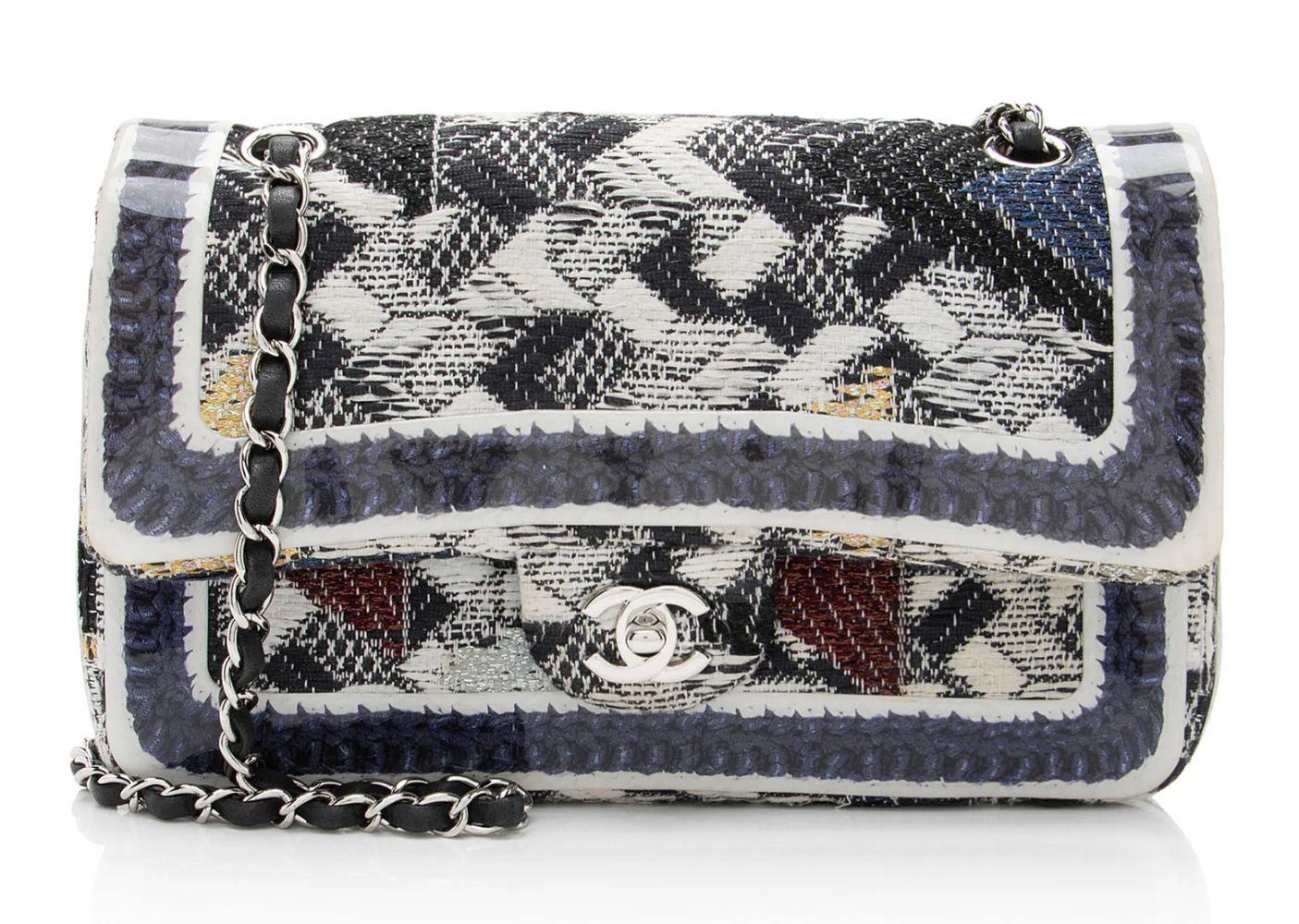 Chanel Tweed Silicone Medium Double Flap Bag - Leather - Blue/White