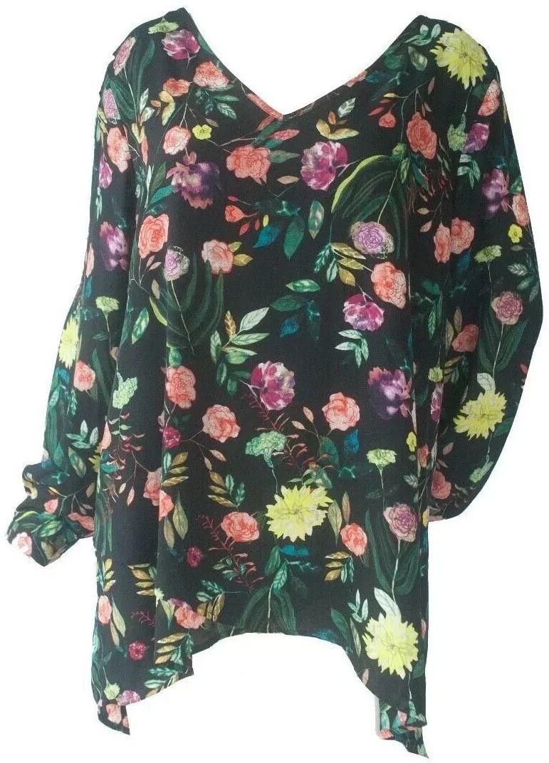 Chelsea & Theodore  Women's Crossover Woven Top XXL - Black Multi Painterly Floral - Brand New