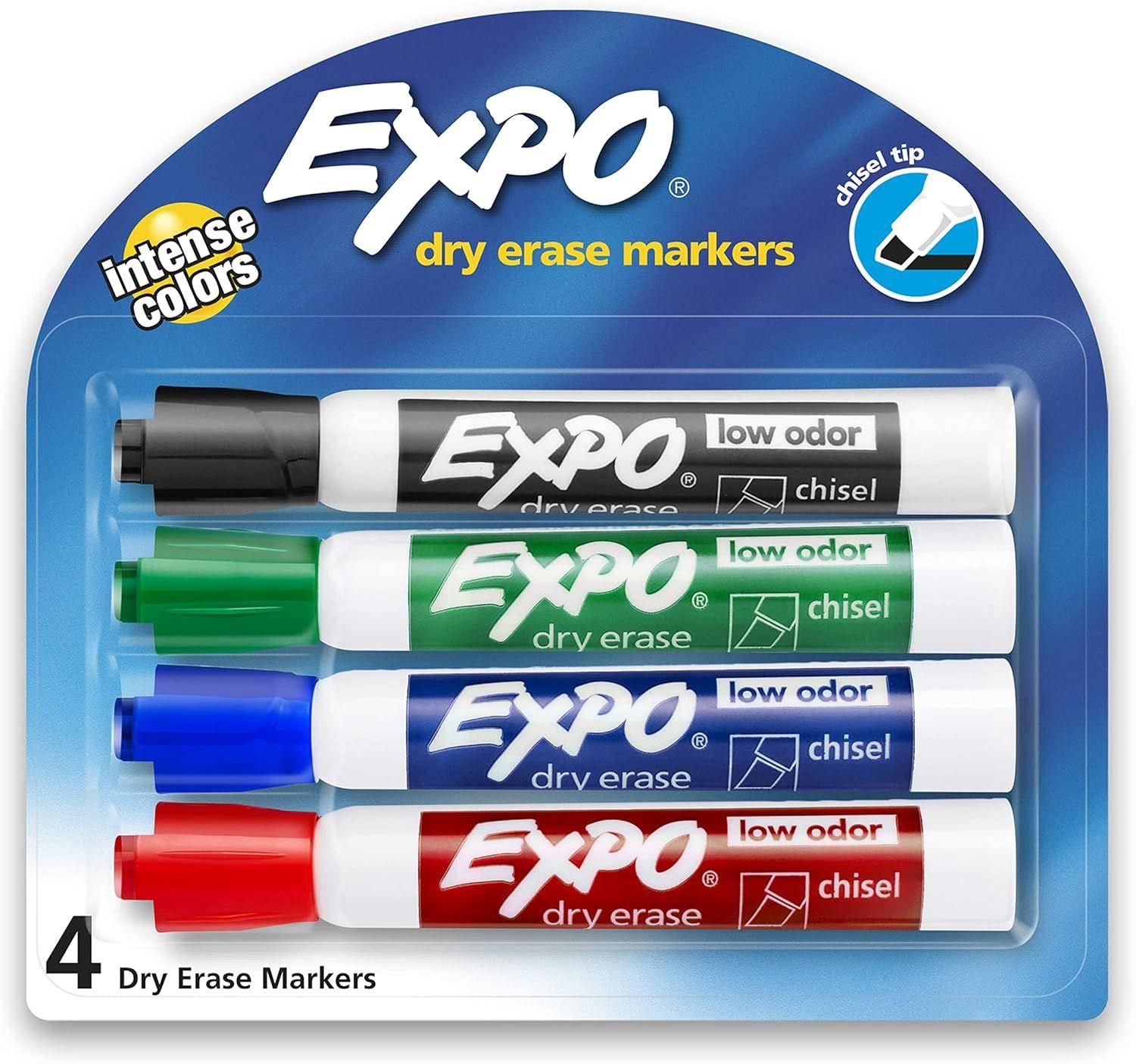 Expo  Low Odor Dry Erase Marker Assortment (4-Marker) - Blue/Black/Red/Green - Brand New