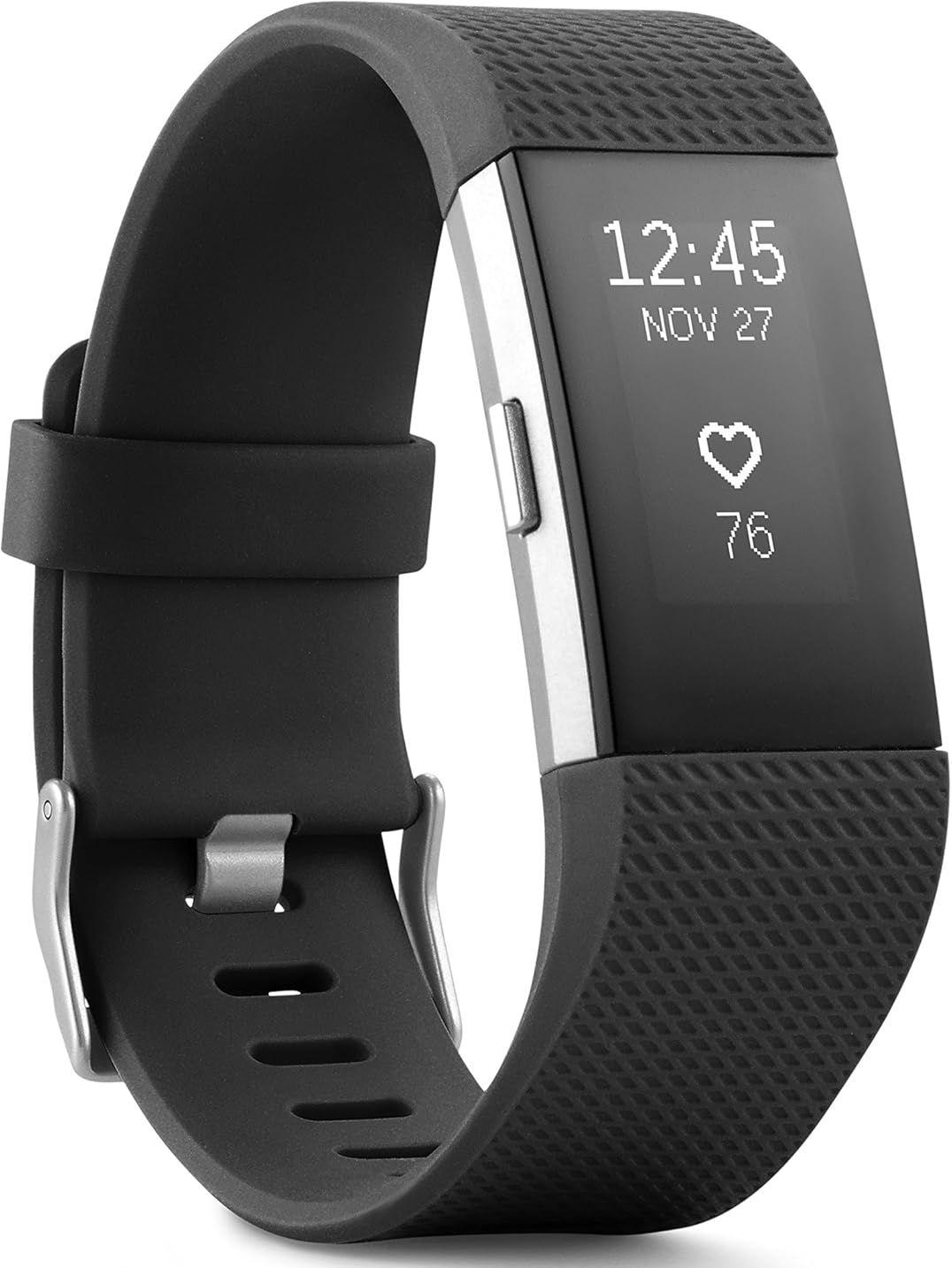 Fitbit  Charge 2 Fitness Wristband - Silver-Stainless Steel-Elastomer-Black - 22.6mm - Silver - Stainless Steel - Black - Elastomer - Large Size - Elastomer - Premium