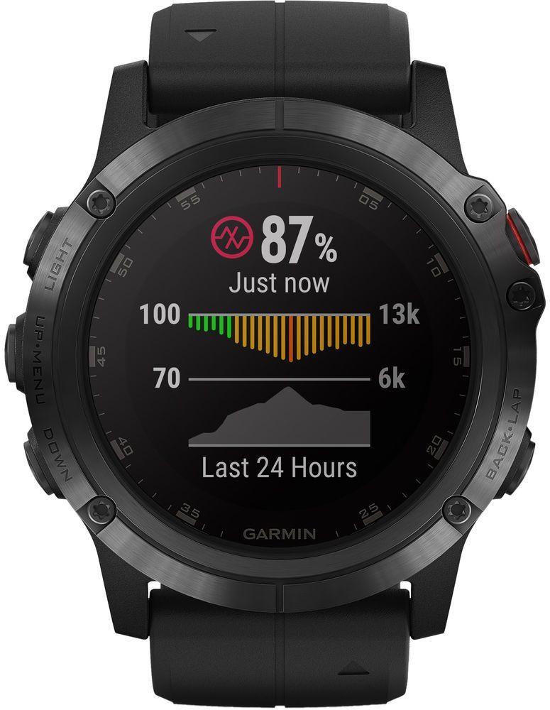Garmin  Fenix 5X Plus GPS Smartwatch - 16GB - 51mm - Black - Fiber-reinforced Polymer - Black - Silicone Band - Silicone - Acceptable